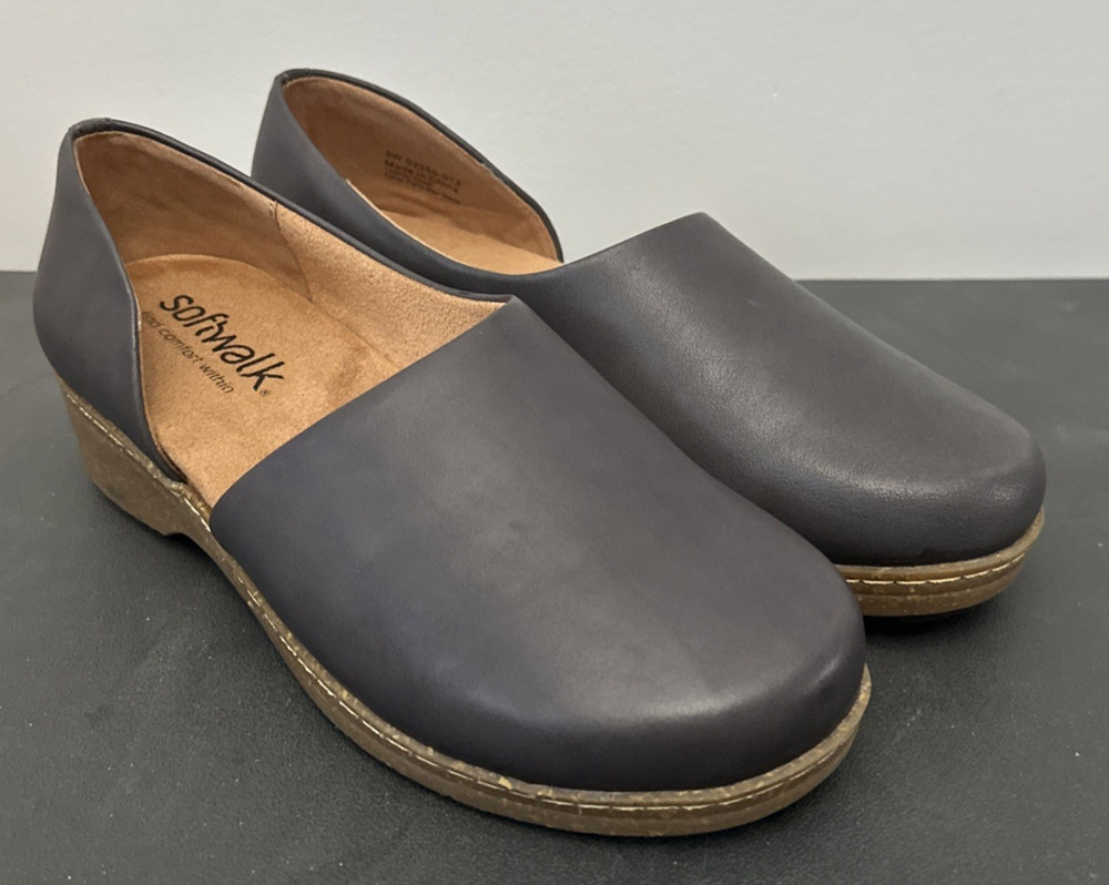 SoftWalk Women's Addie Clog 9W Gray Leather Removable Foot Bed Arch Support
